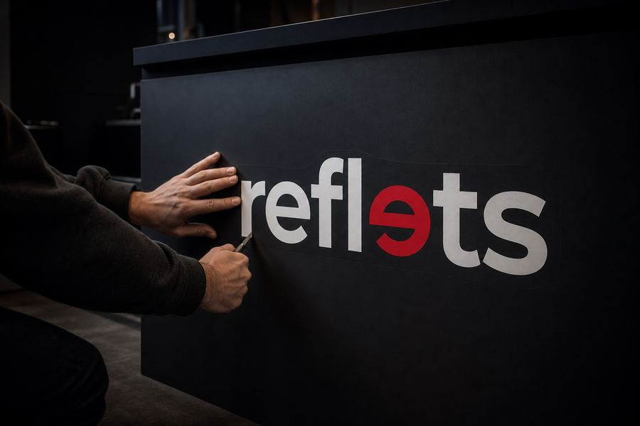 Poseur découpant au cutter le contour d'un grand adhésif imprimé au logo Reflets appliqué sur un meuble présentoir sombre de showroom