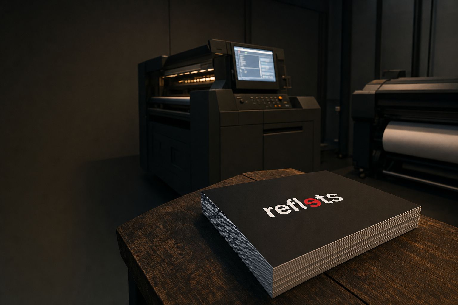 Atelier d'impression au crépuscule : pile de feuilles fraîchement imprimées dont la première noire au logo Reflets, presse numérique à écran lumineux et imprimante grand format en arrière-plan