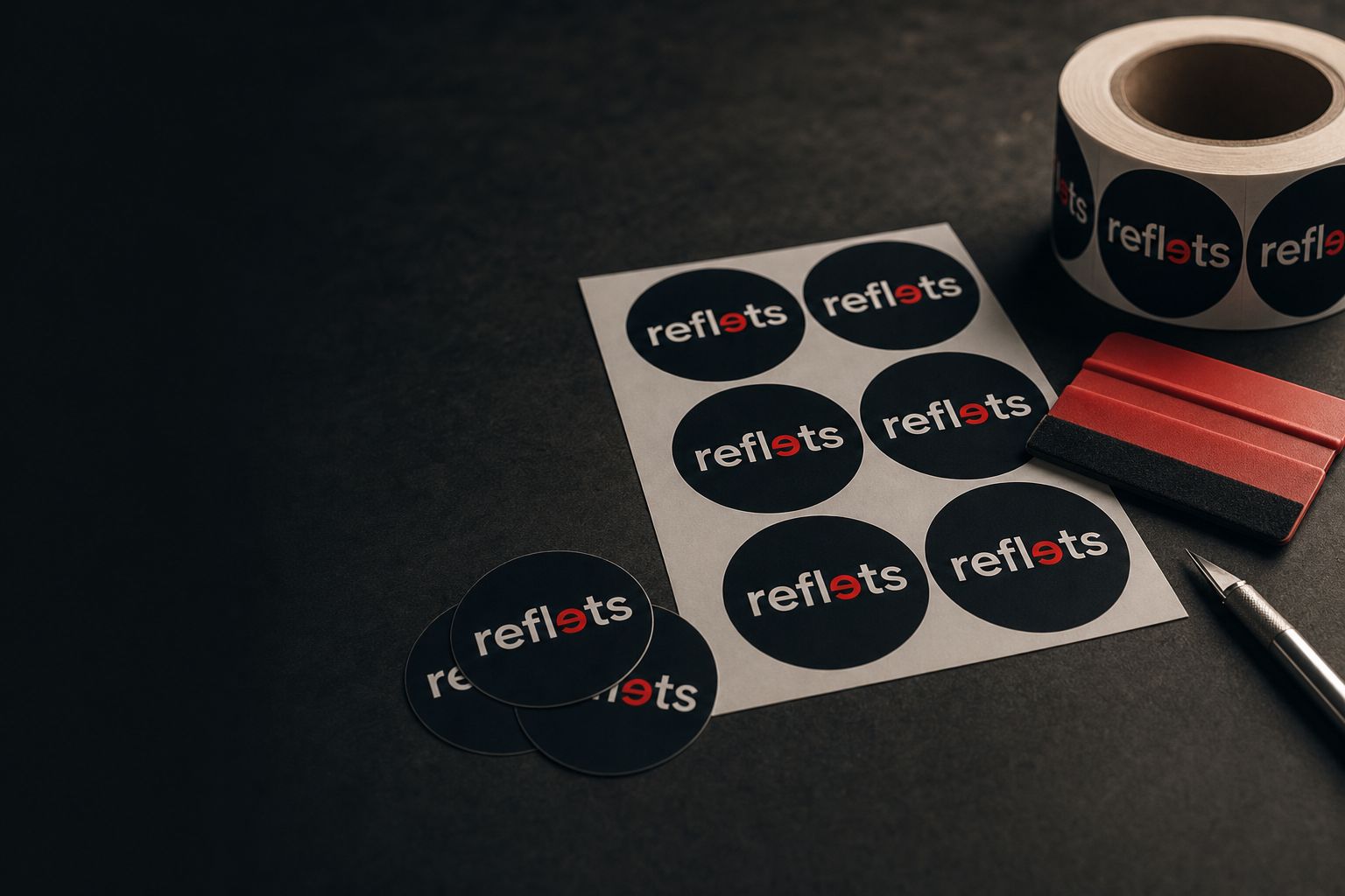 Planche de stickers découpés au logo Reflets, rouleau d'étiquettes imprimées et stickers ronds sur un établi sombre, raclette rouge et cutter