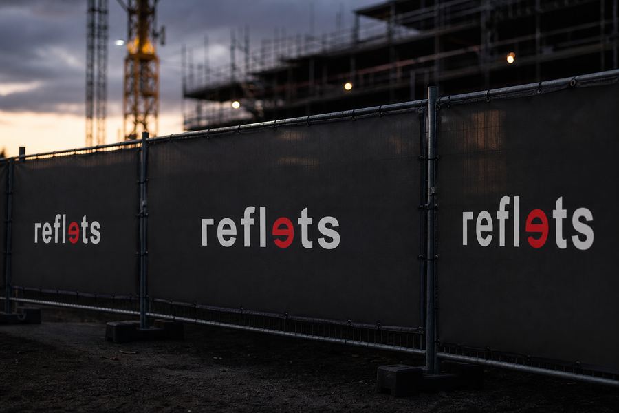 Barrières de chantier Heras habillées d'un mesh microperforé sombre portant le logo Reflets répété par module, grue et échafaudage flous