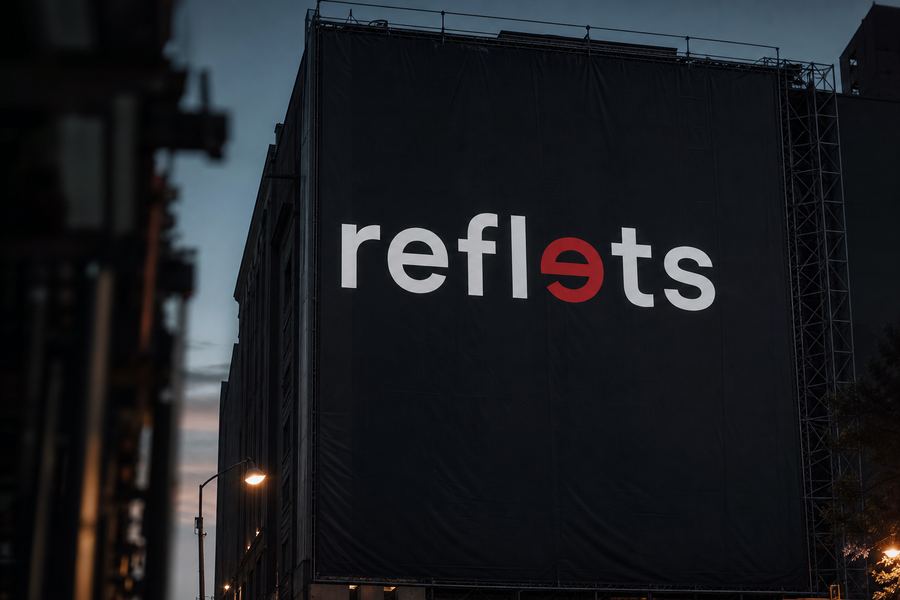 Très grande bâche sombre portant le logo Reflets couvrant le pignon aveugle d'un immeuble, vue depuis la rue en contre-plongée, bord d'échafaudage visible