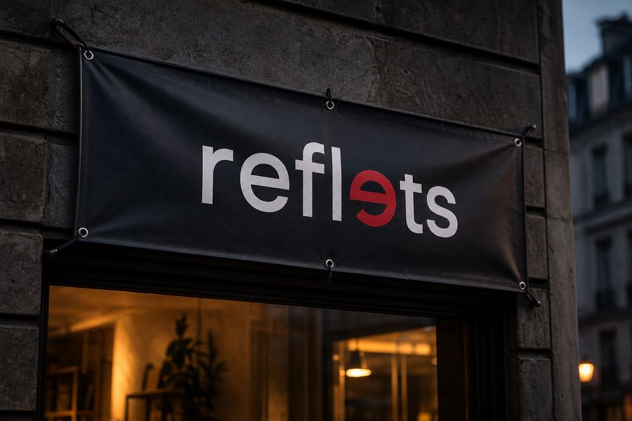 Banderole en bâche PVC noire à œillets tendue par des sandows au-dessus d'une vitrine, portant le logo Reflets, façade en pierre au crépuscule
