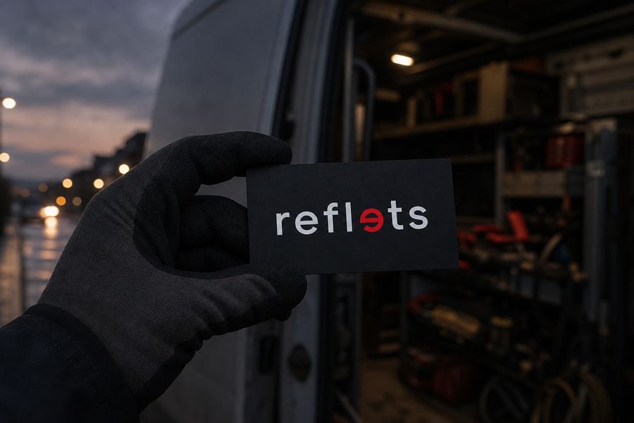 Carte de visite noire épaisse au logo Reflets tenue entre les doigts d'une main gantée de travail, porte latérale d'une camionnette avec outils floue en arrière-plan