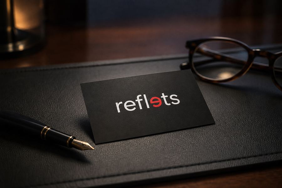 Carte de visite noire élégante au logo Reflets avec effet de vernis brillant, posée sur un sous-main en cuir sombre à côté d'un stylo plume et de lunettes