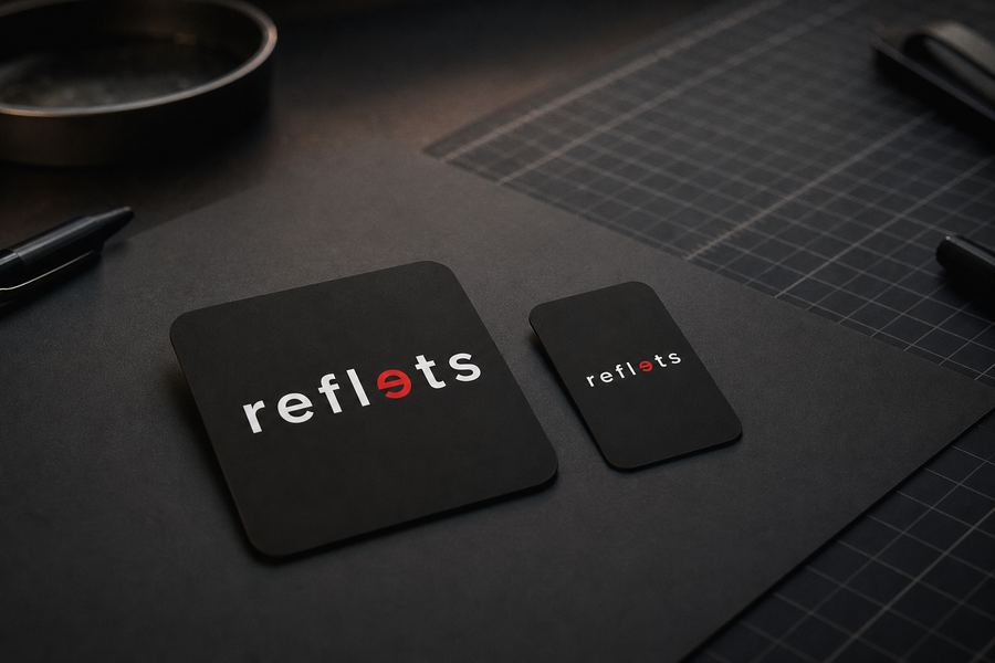 Petite carte de visite carrée noire à coins arrondis au logo Reflets, finition soft touch, posée sur un papier texturé sombre à côté d'une mini carte, bureau de graphiste avec tapis de découpe