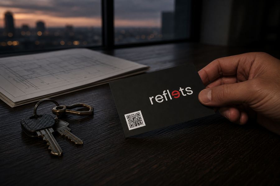 Carte de visite noire au logo Reflets avec QR code blanc dans un angle, tendue au-dessus d'une table en bois sombre à côté de clés de maison et d'un plan plié