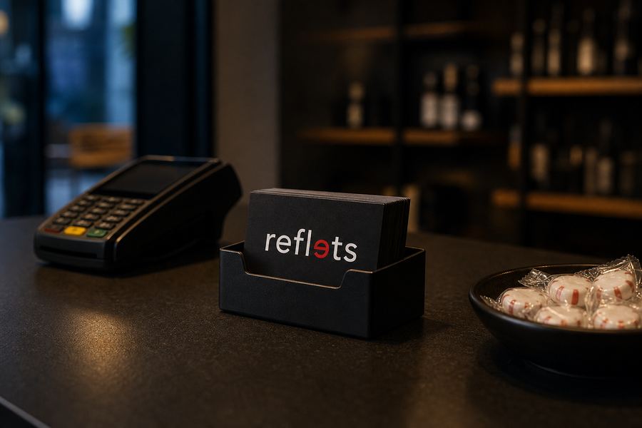 Petit porte-cartes noir garni de cartes de visite au logo Reflets sur un comptoir de commerce sombre, terminal de paiement et coupelle à côté