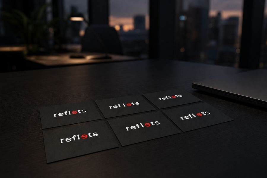 Six cartes de visite noires identiques au logo Reflets alignées en grille sur une table de réunion sombre, ordinateur portable fermé en bord de cadre