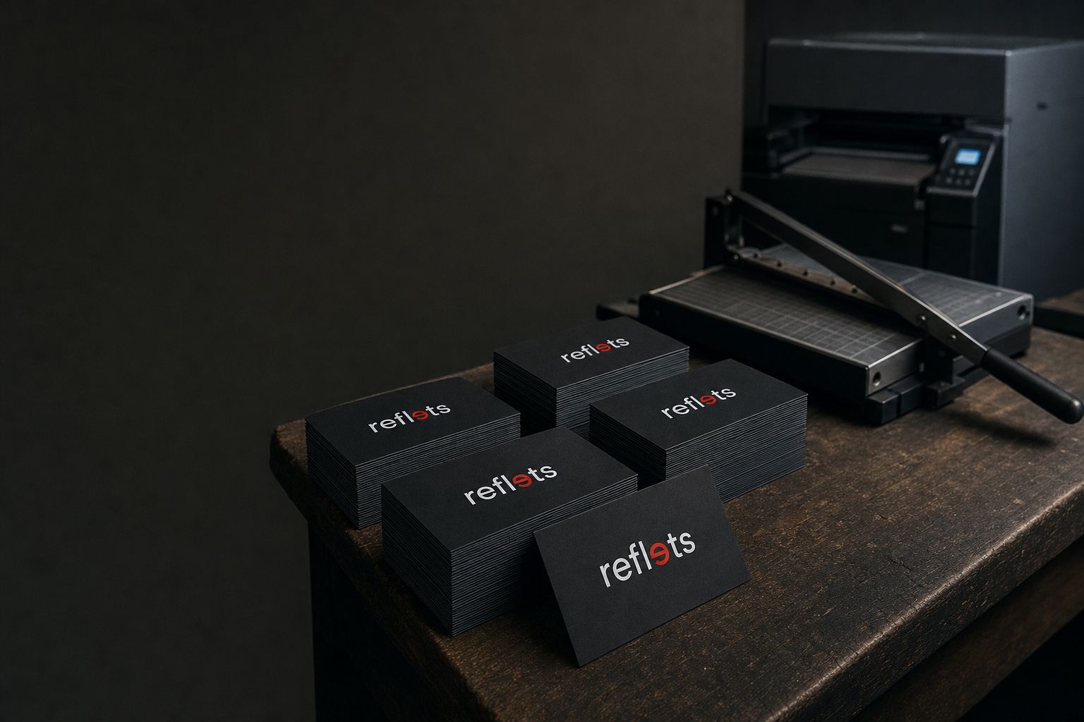 Piles de cartes de visite noires au logo Reflets fraîchement massicotées sur un comptoir en bois sombre, massicot et presse numérique flous en arrière-plan de l'atelier