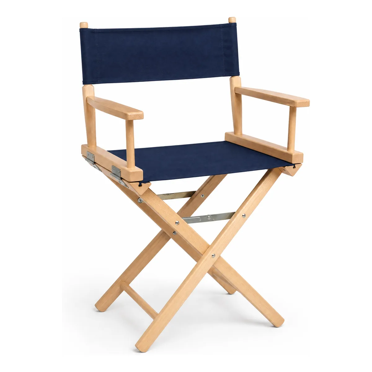 Chaise réalisateur personnalisée, fauteuil metteur en scène à toile bleu marine, structure en bois naturel