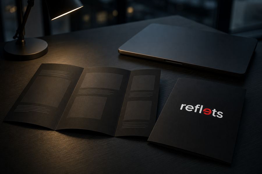 Dépliant trois volets ouvert sur un bureau sombre à côté d'un ordinateur portable fermé, couverture noire au logo Reflets, lampe de bureau