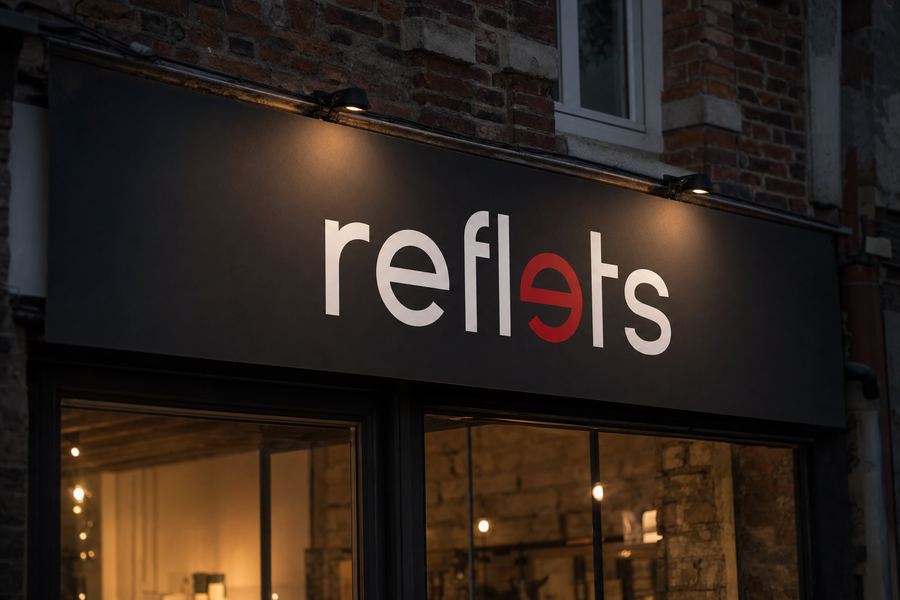 Enseigne bandeau noire en panneau composite aluminium avec le logo Reflets imprimé, posée au-dessus d'une vitrine sur une façade en brique au crépuscule
