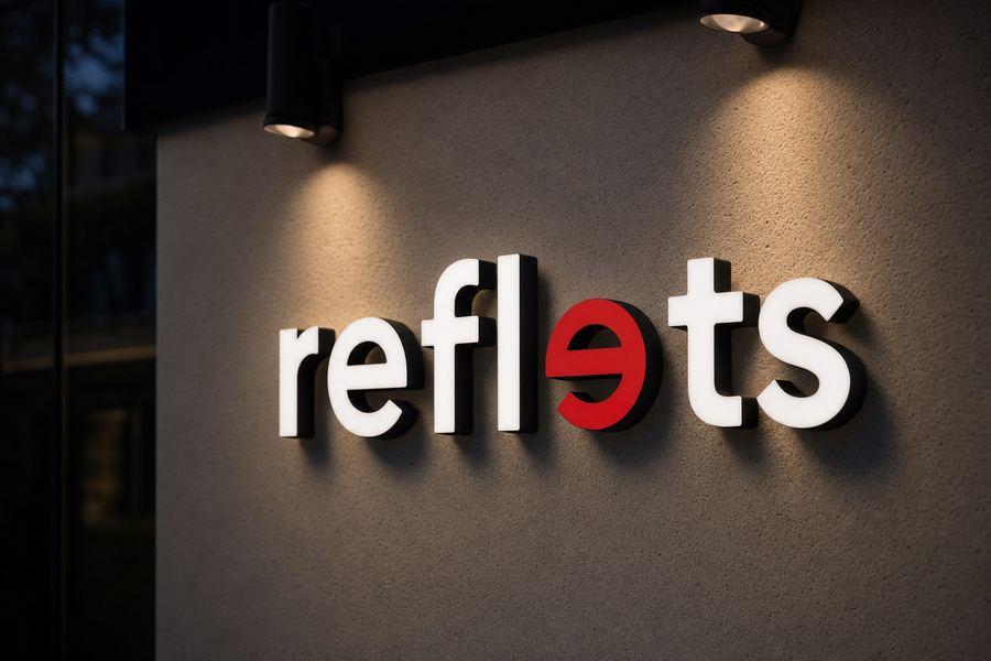Enseigne découpée à la forme : lettres du logo Reflets en panneau composite épais fixées sur entretoises devant un mur enduit clair, ombres portées, éclairage par spots