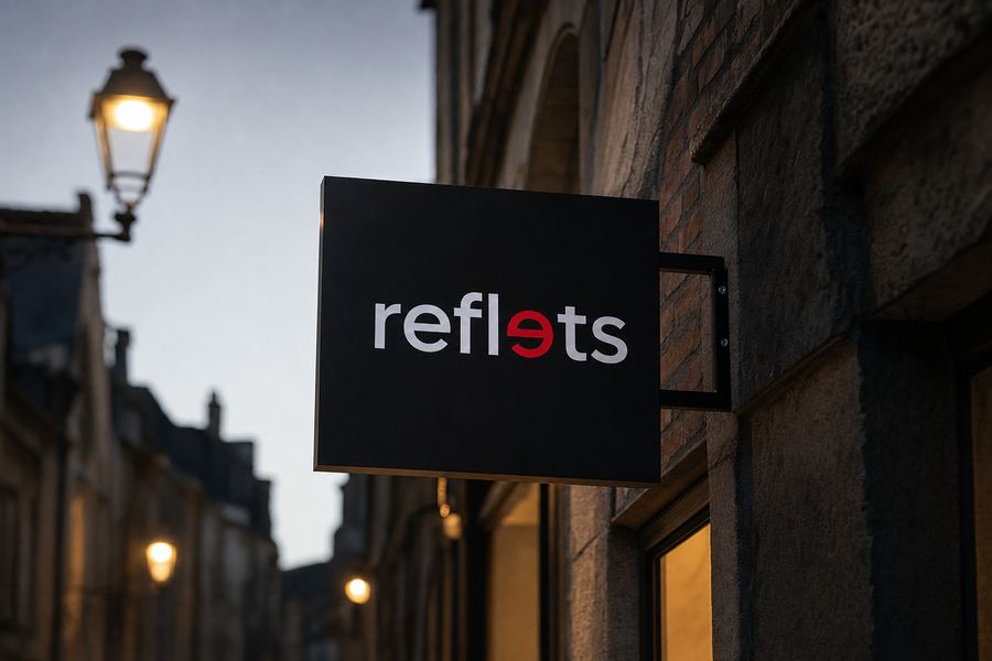Enseigne drapeau double face noire avec le logo Reflets, fixée perpendiculairement à une façade en brique sur une potence, vue en perspective dans une rue au crépuscule