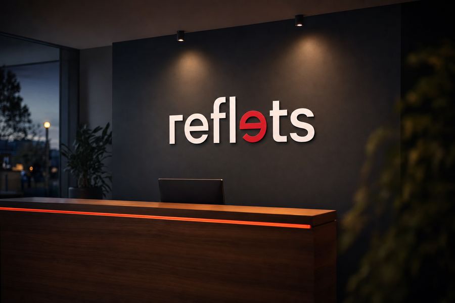 Enseigne intérieure : logo Reflets sur panneau composite fixé sur un mur anthracite derrière un comptoir d'accueil en bois, éclairé par deux spots