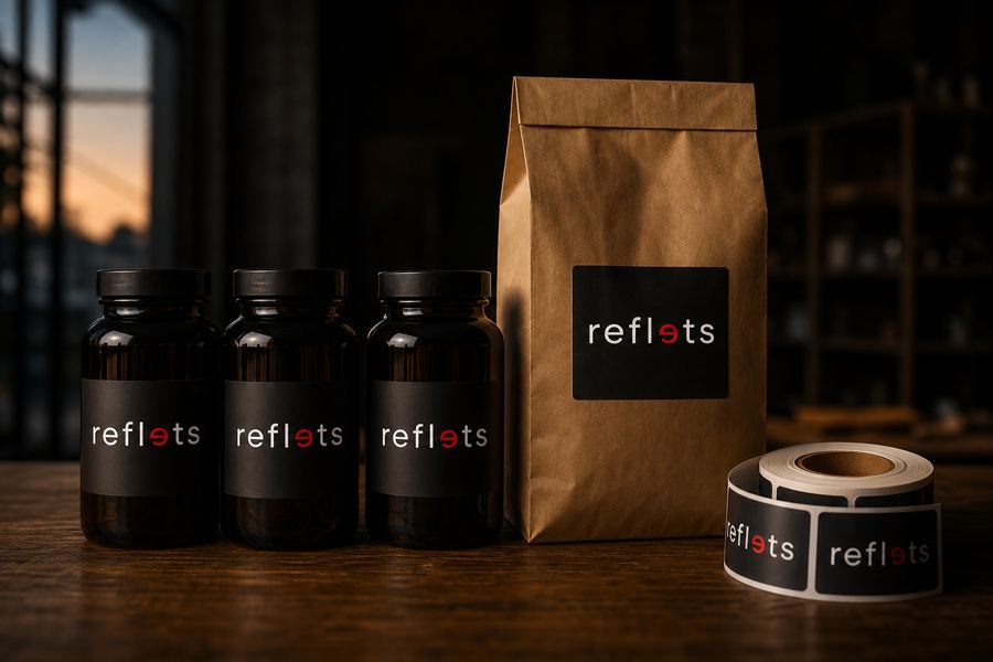 Trois bocaux en verre sombre et un sachet kraft sur un comptoir en bois, chacun portant une étiquette imprimée au logo Reflets, rouleau d'étiquettes à côté
