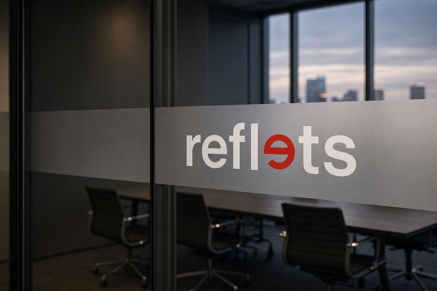 Bande de film dépoli givré sur une cloison vitrée de bureau, le logo Reflets découpé en négatif laissant apparaître le verre clair, salle de réunion floue derrière