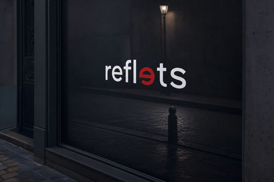 Vitrine entièrement recouverte d'un film adhésif opaque noir mat avec le logo Reflets imprimé en blanc au centre, reflets du trottoir et d'un lampadaire sur le film