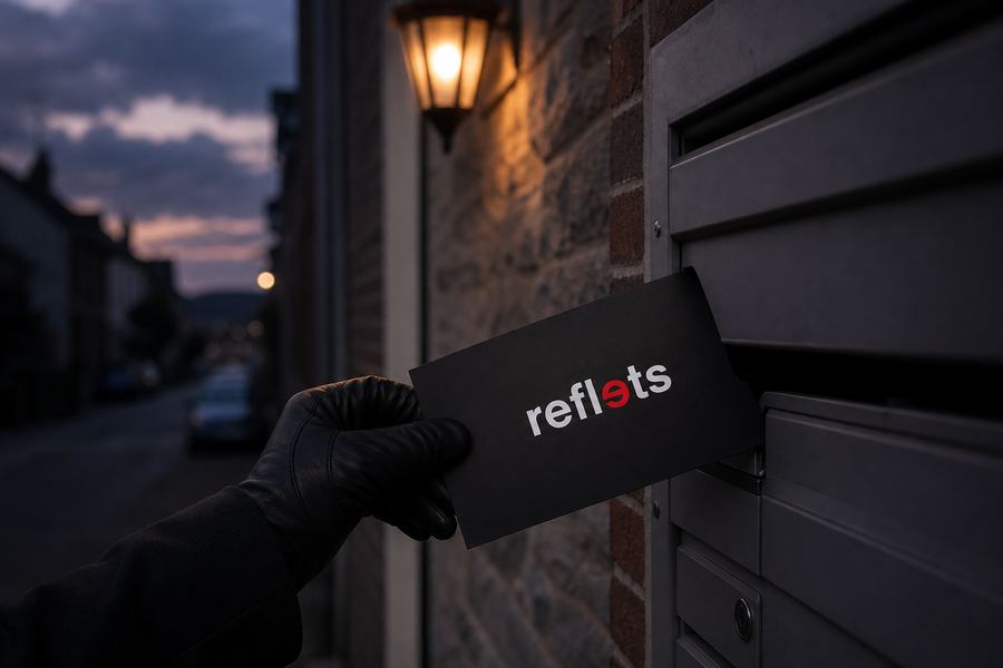 Main gantée glissant un flyer DL noir au logo Reflets dans une rangée de boîtes aux lettres grises d'une rue normande au crépuscule