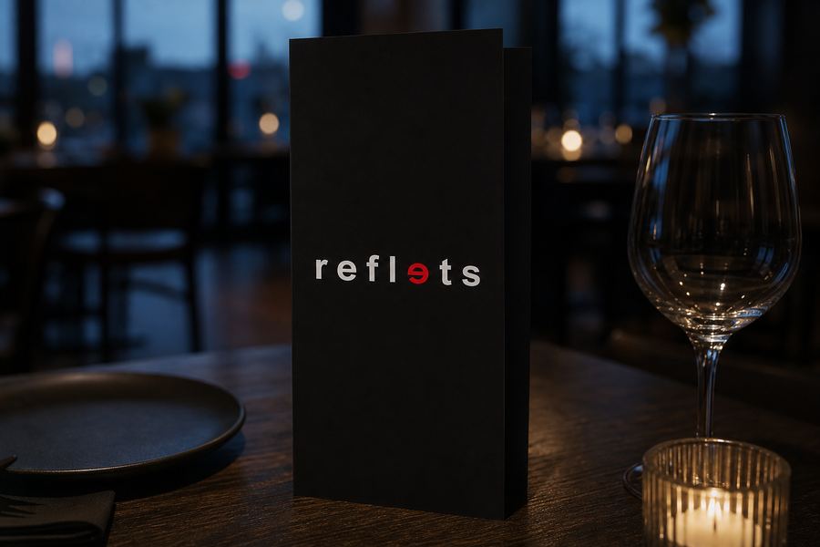 Flyer DL plié posé sur une table de restaurant sombre à côté d'une assiette et d'un verre, couverture noire au logo Reflets, lumière de bougie