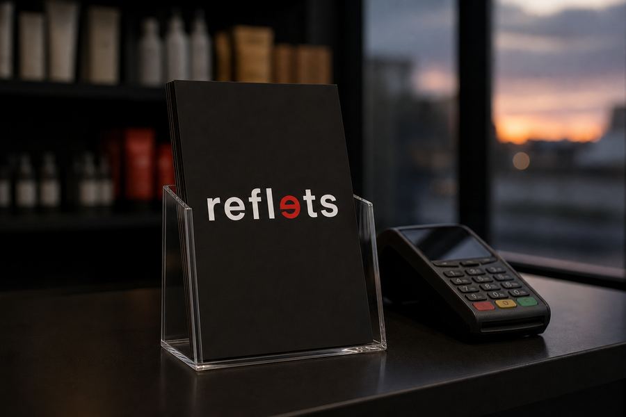 Présentoir en acrylique transparent garni de flyers A5 noirs au logo Reflets sur le comptoir d'un commerce, terminal de paiement à côté