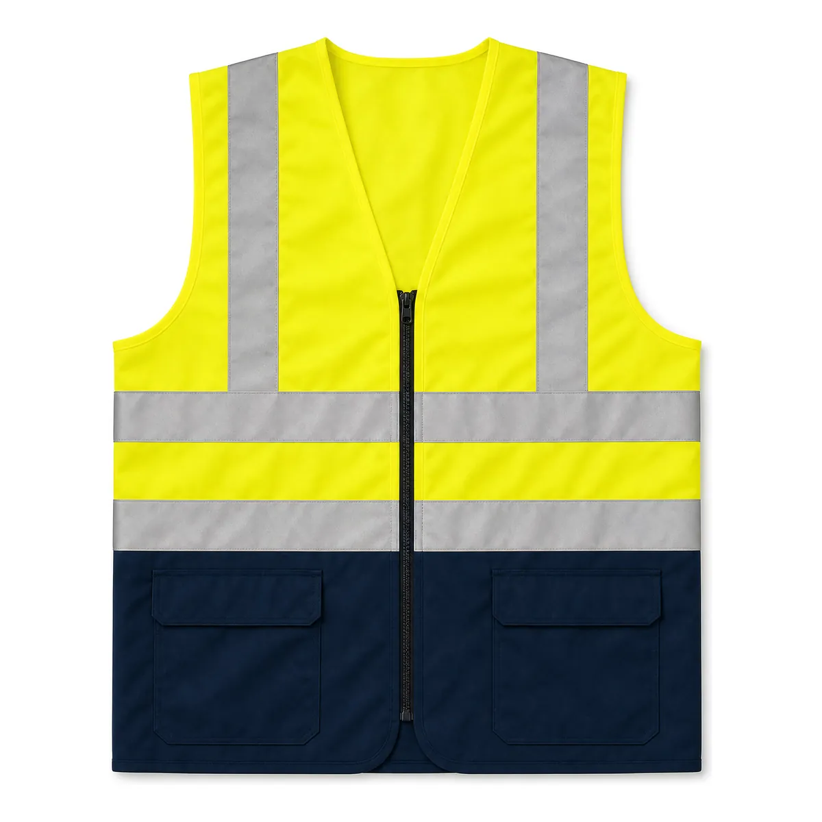 Gilet de sécurité bicolore jaune fluo en haut et bleu marine en bas, zip, bandes réfléchissantes et poches