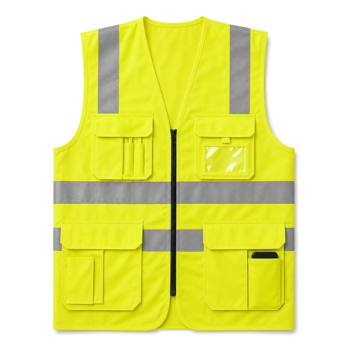 Gilet haute visibilité jaune multipoches à zip, poches poitrine à stylos, porte-badge et poches cargo