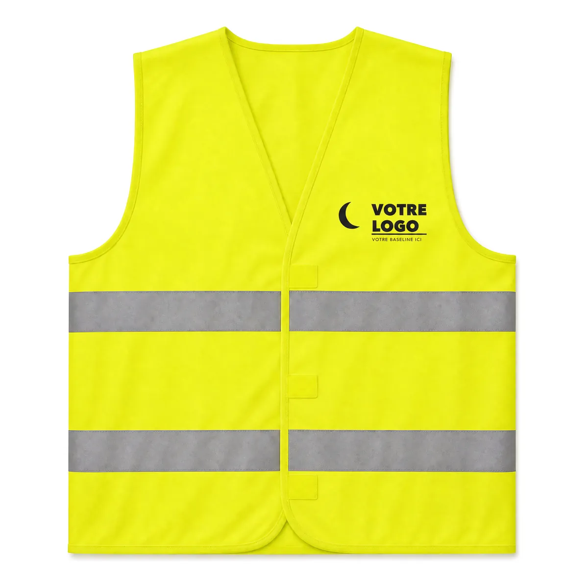 Gilet jaune haute visibilité avec un logo noir imprimé en sérigraphie au cœur, au-dessus des bandes