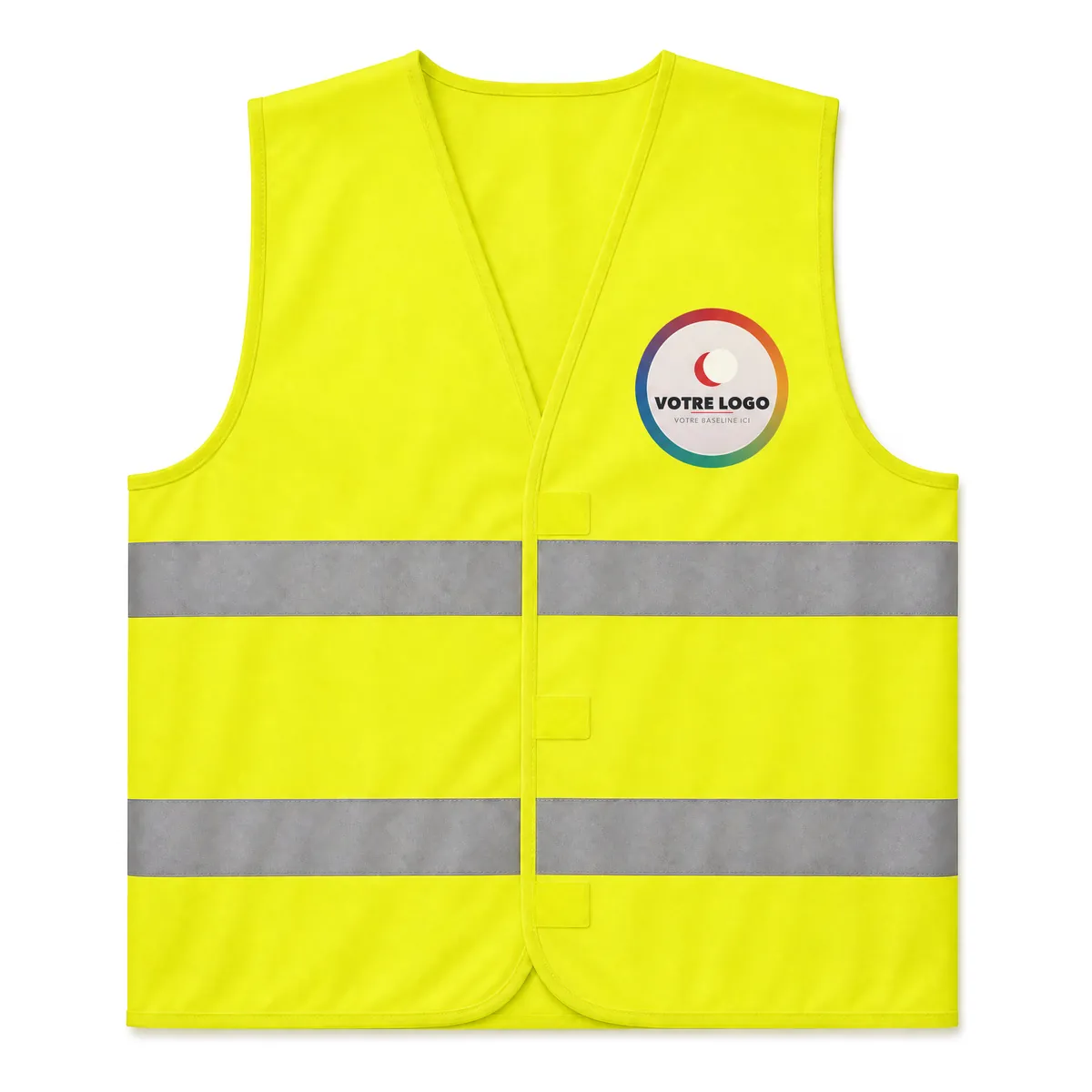 Gilet jaune haute visibilité avec un logo rond en couleurs appliqué par transfert au cœur