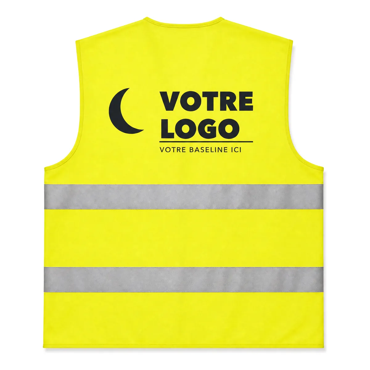 Dos d'un gilet jaune haute visibilité avec un grand logo noir imprimé entre les épaules et la bande haute