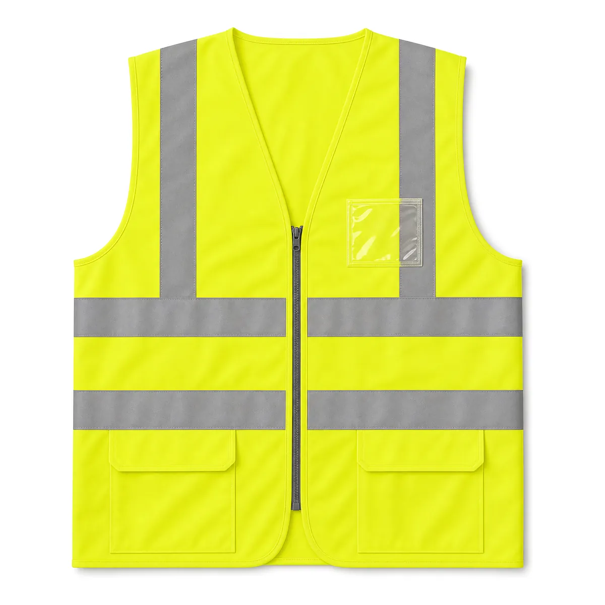 Gilet de sécurité jaune fluo à fermeture zip, bandes réfléchissantes et bretelles, deux poches et un porte-badge