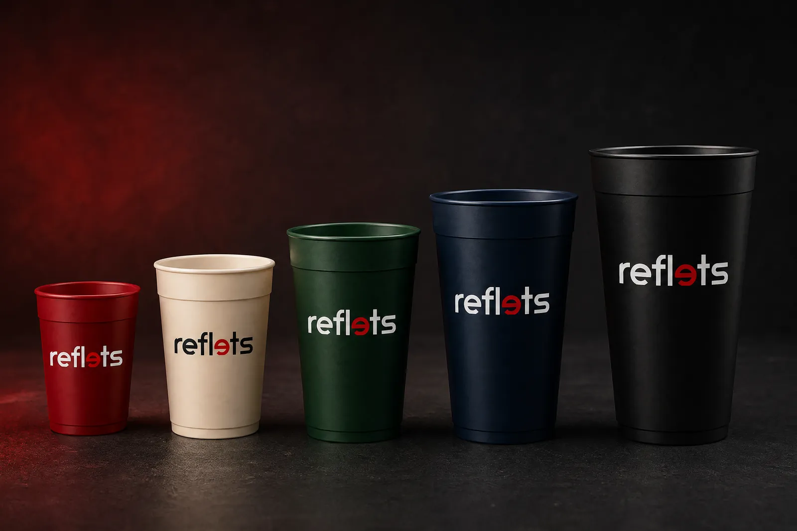 Cinq gobelets réutilisables de tailles croissantes, rouge, écru, vert, marine et noir, marqués du logo Reflets, sur fond studio sombre