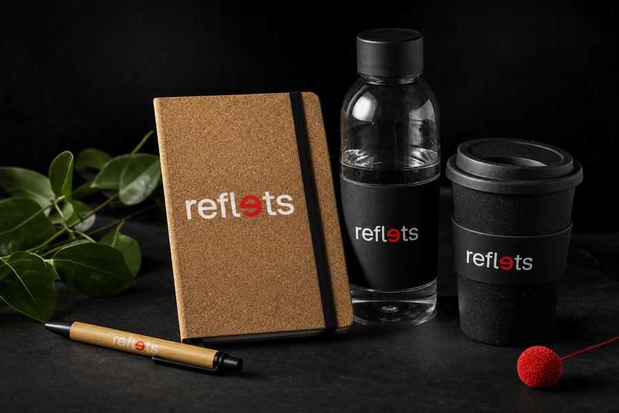 Objets publicitaires écoresponsables marqués du logo Reflets : carnet en liège, stylo en bambou, bouteille en verre et gobelet réutilisable, feuillage vert