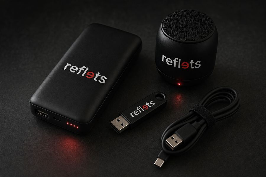 Batterie externe noire, clé USB et petite enceinte Bluetooth marquées du logo Reflets, câble de charge, lumière rouge