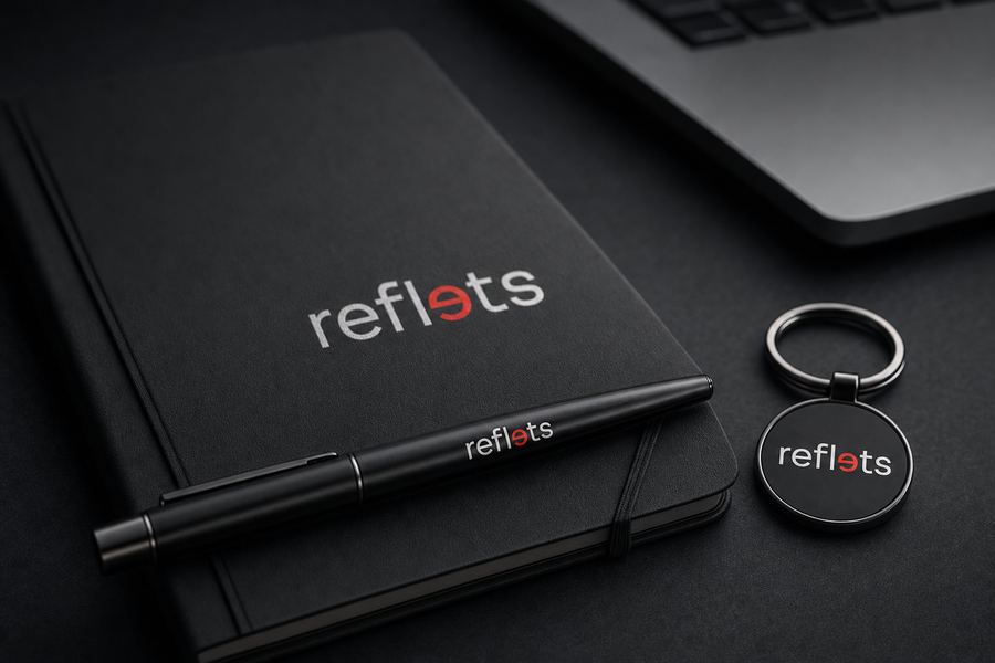 Carnet noir, stylo métal et porte-clés marqués du logo Reflets posés sur un bureau sombre, ordinateur portable en arrière-plan