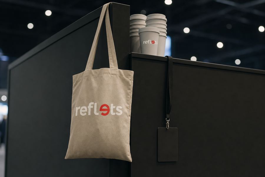 Tote bag en coton naturel imprimé du logo Reflets suspendu à un stand de salon, à côté de gobelets réutilisables blancs et d'un badge à lanière