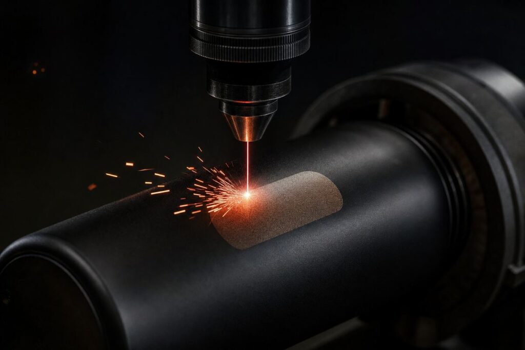 Gros plan d'une tête de gravure laser marquant une gourde métallique noire, étincelles et ligne laser rouge