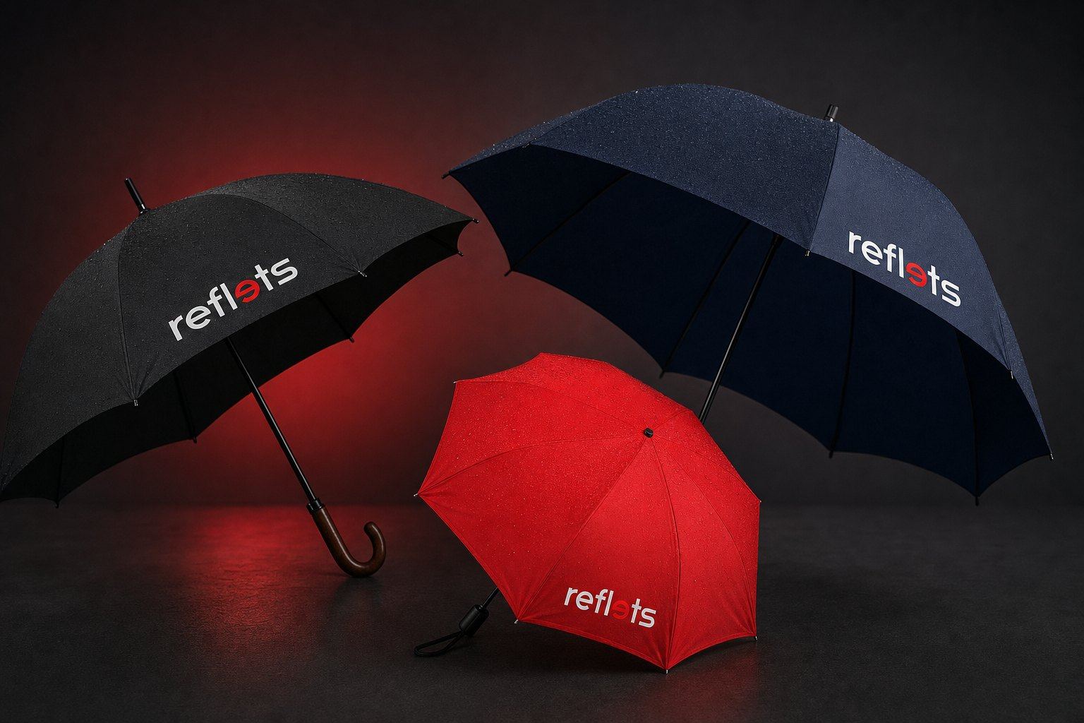 Trois parapluies publicitaires ouverts, un pliant rouge, un citadin noir à poignée bois et un golf marine, marqués du logo Reflets sur la toile