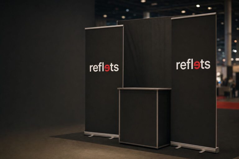 Roll-up et kakémono sur un stand de salon, page Kakémono et roll-up de Refletscom