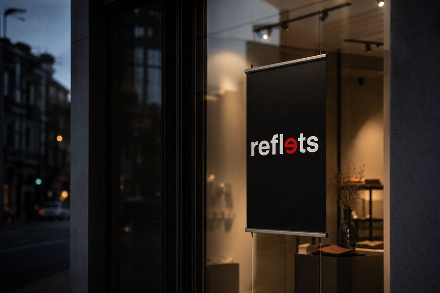 Kakémono noir tendu entre deux rails aluminium et suspendu par des fils dans une vitrine de commerce, logo Reflets, vu depuis la rue au crépuscule