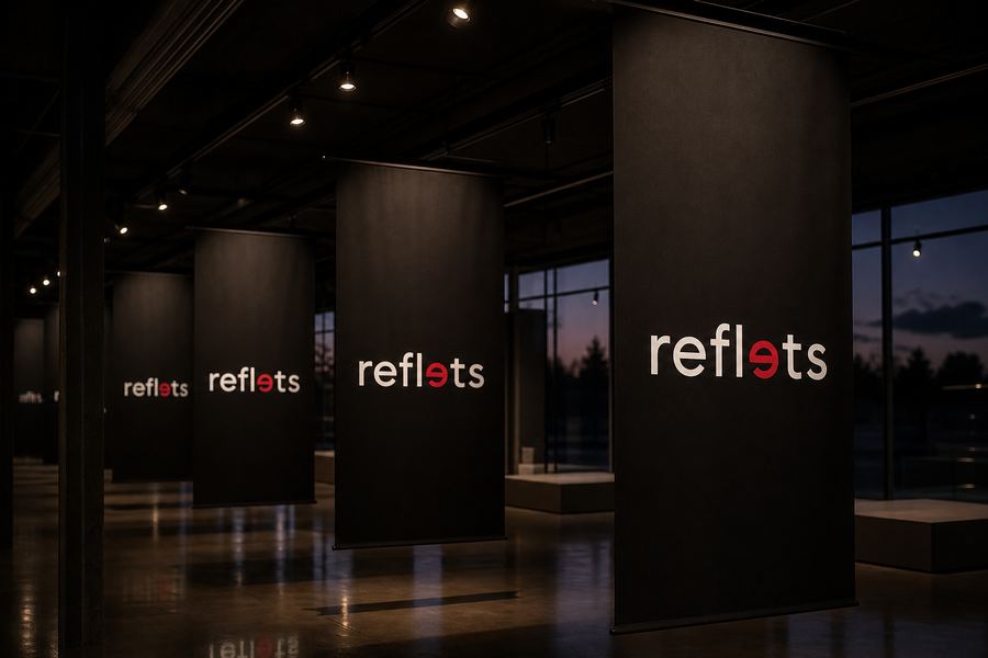 Plusieurs kakémonos noirs portant le logo Reflets suspendus au plafond d'un showroom moderne, sol brillant reflétant les visuels, éclairage chaud