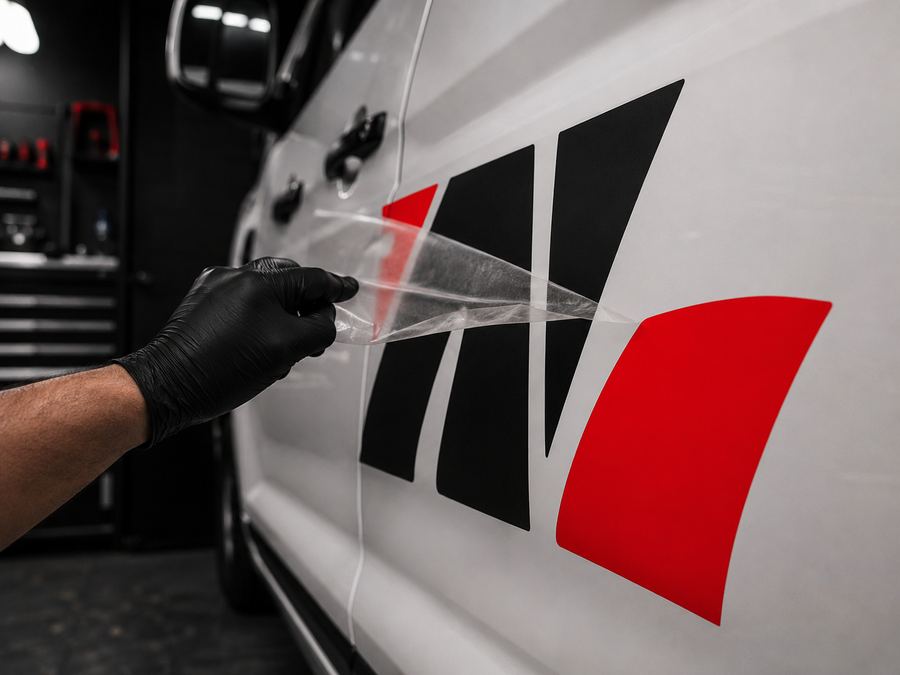 Main gantée retirant le tape de transfert de formes en vinyle rouge et noir découpées, posées sur la portière d'un utilitaire blanc