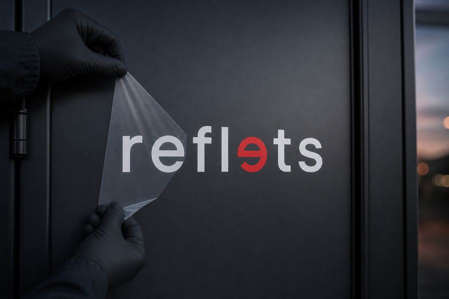 Mains gantées retirant le tape de transfert d'un lettrage adhésif découpé formant le logo Reflets sur une porte gris foncé