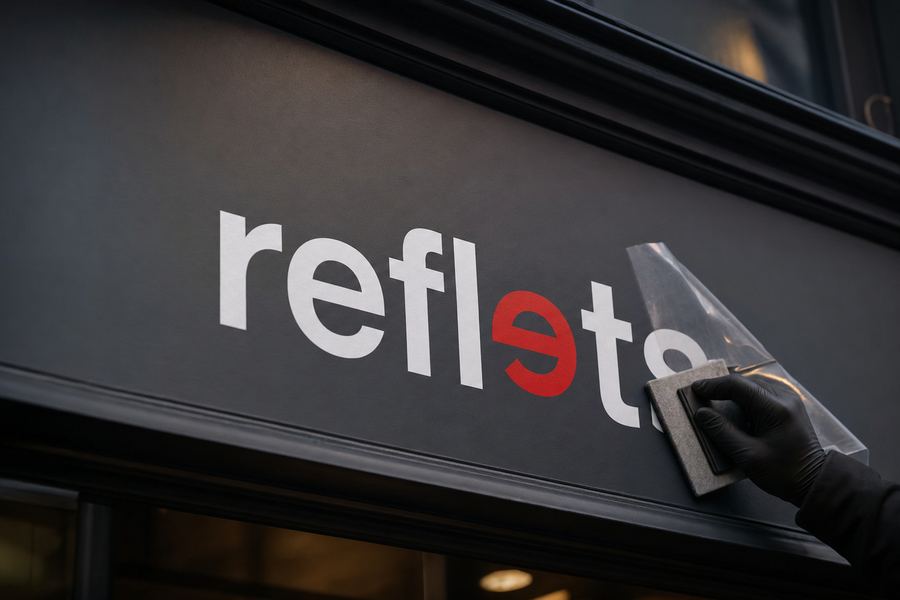 Main gantée lissant à la raclette le logo Reflets en lettres adhésives découpées posées directement sur un bandeau de façade gris foncé, tape de transfert en cours de retrait