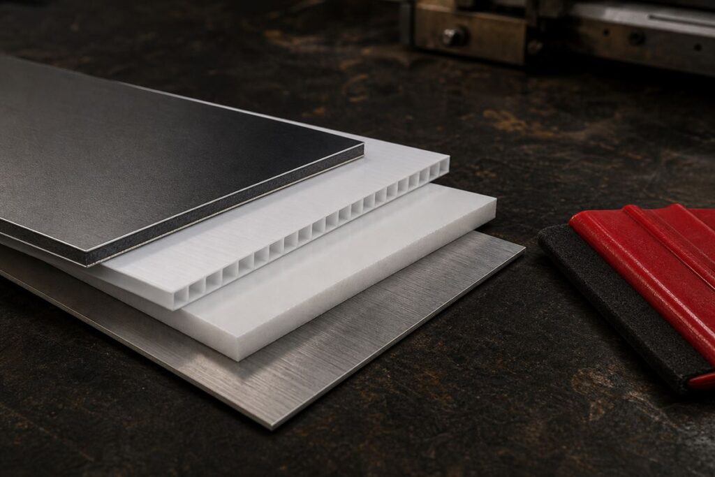 Échantillons de matériaux de panneaux sur un établi : composite aluminium avec sa tranche, polypropylène alvéolaire blanc, PVC expansé blanc et tôle d'aluminium brossé, raclette rouge