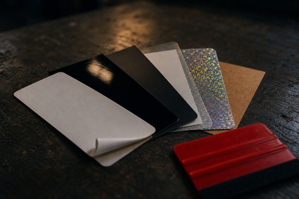 Échantillons de matières adhésives en éventail sur un établi : papier blanc, vinyle noir brillant, vinyle mat, film transparent avec blanc de soutien, échantillon holographique, kraft, raclette rouge