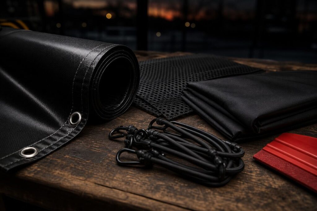 Sur un établi : rouleau de bâche PVC noire à ourlet soudé et œillets, morceau de mesh microperforé, banderole textile mate pliée, sandows à crochets, raclette rouge