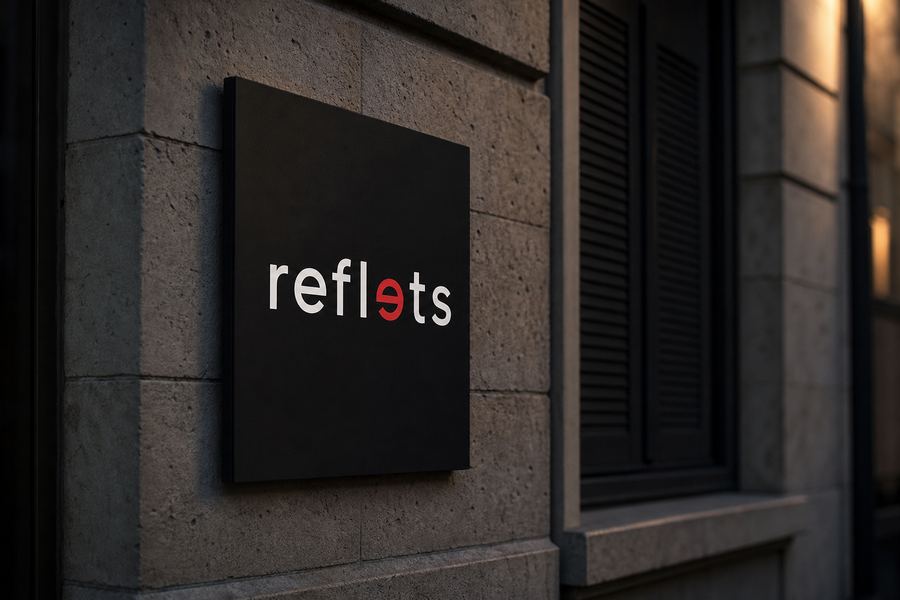Panneau immobilier noir en composite aluminium portant le logo Reflets, fixé sur la façade en pierre d'un immeuble près d'une fenêtre aux volets clos, au crépuscule
