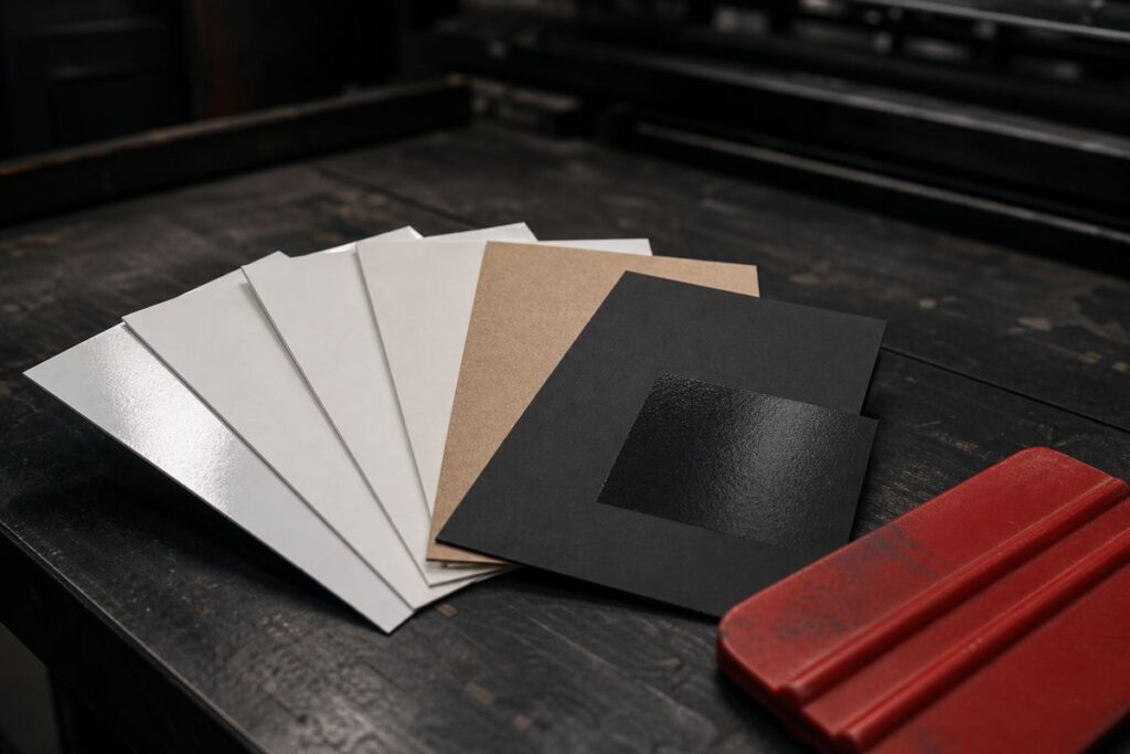 Échantillons de papiers en éventail sur un établi d'imprimeur : offset fin, couché brillant, couché mat, carte rigide, papier recyclé, pelliculage soft touch et vernis sélectif, raclette rouge