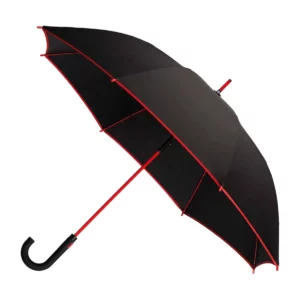 Black color, parapluie citadin publicitaire à toile noire à galon rouge, personnalisable avec votre logo